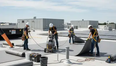 San Antonio, TX commercial roofing crew installing durable roof panels on a local business